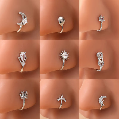 9pcs set of retro fashion bohemian copper inlaid synthetic Zirconia no-piercing love crown moon heart plum blossom sun shape U-shaped nose clip nose ring nose ornament for daily wear birthday party New Year gift