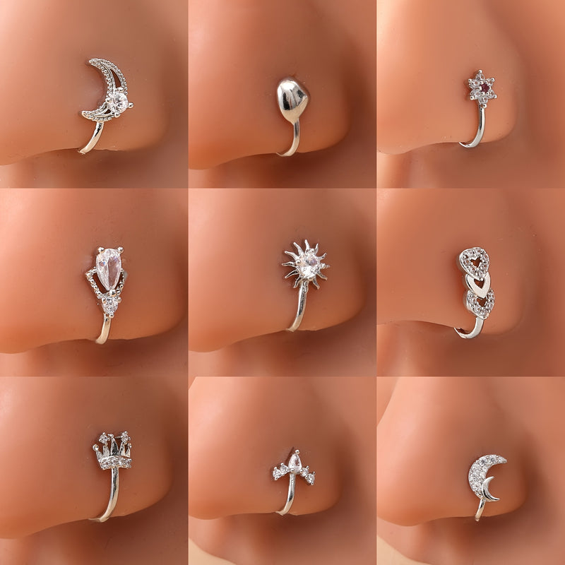 9pcs set of retro fashion bohemian copper inlaid synthetic Zirconia no-piercing love crown moon heart plum blossom sun shape U-shaped nose clip nose ring nose ornament for daily wear birthday party New Year gift
