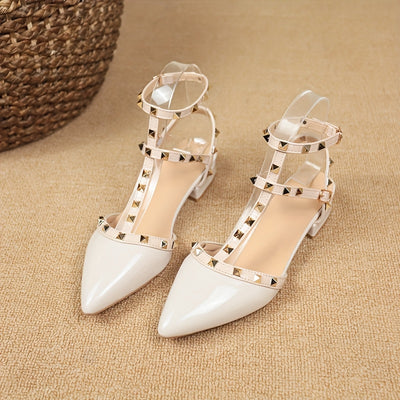 Women'S Elegant Pointed Toe Stiletto Sandals with Rivet Embellishments, Mid-Heel, Buckle Closure, Summer Fashion, Rubber Sole, Synthetic Cover - Hand Wash Only, Stylish Outdoor Shoes | Buckle Closure Sandals | Decorative Rive