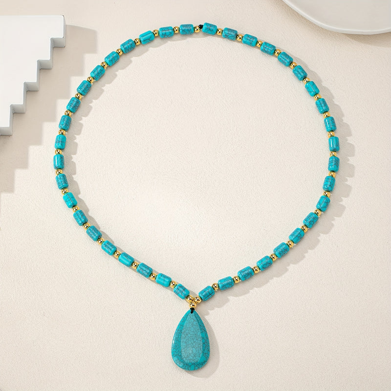 European and American cross-border retro fashion geometric teardrop pendant necklace, niche design beaded long sweater chain for women