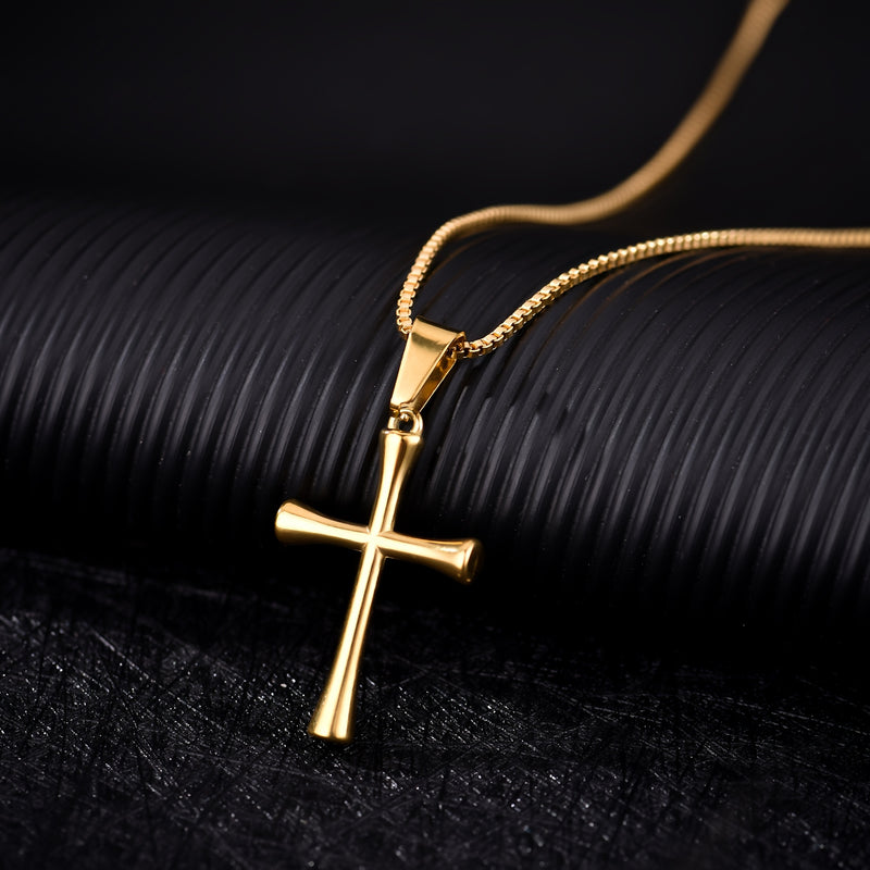 Luxury Minimalist Stainless Steel Cross Pendant Necklace - Adjustable Box Chain, Polished Golden Finish, Unisex Jewelry for Casual Attire & Christmas Gifts, Christmas Necklace, Elegant Accessory, Quality Craftsmanship