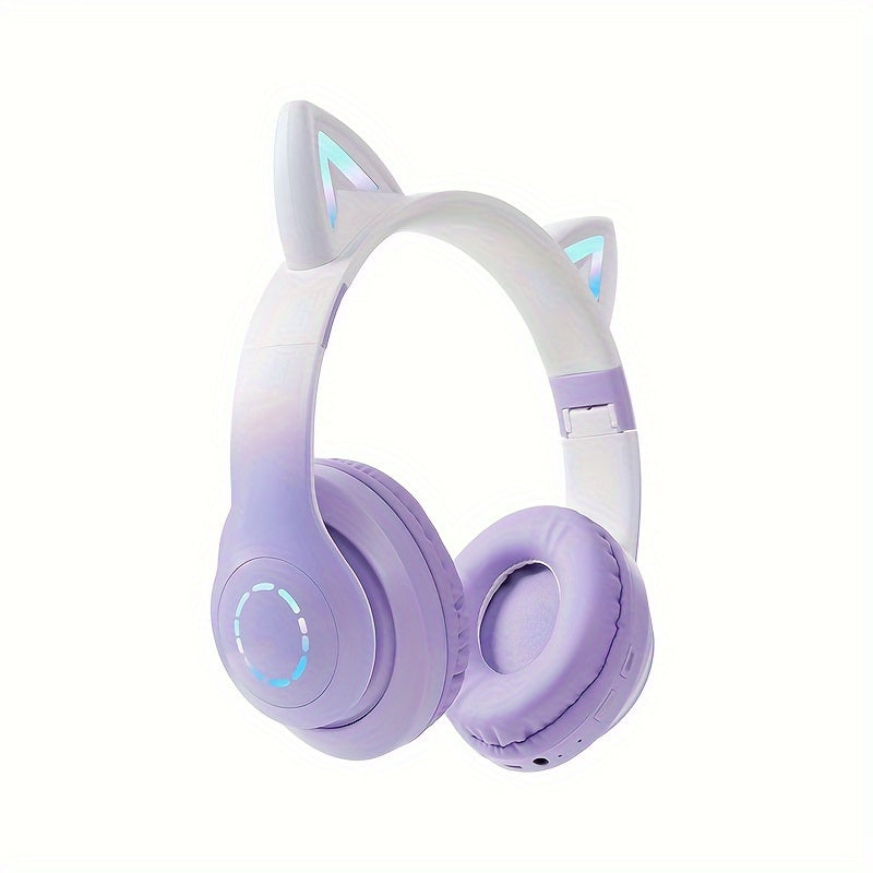 URIZONS Wireless Cat Ear Headphones TWS and Wired Mode Foldable Gaming Headset with Mic, RGB LED Light, Compatible with Mobile Phones PC Tablet