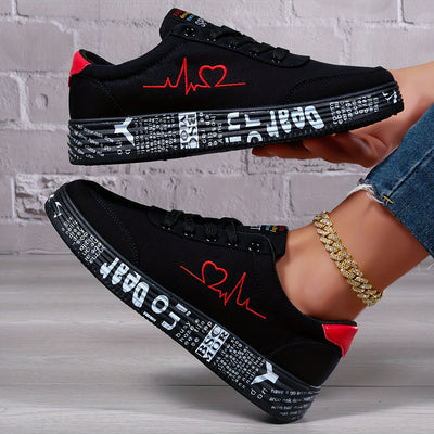 Women's Heart Pattern Canvas Shoes, Casual Lace Up Outdoor Shoes, Comfortable Low Top Sneakers