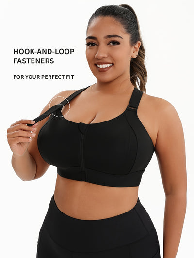 A Women'S Front-Zip Sports Bra, Featuring High Support And Plus Sizes, with Adjustable Straps, Suitable for Yoga, Fitness, And Workouts.