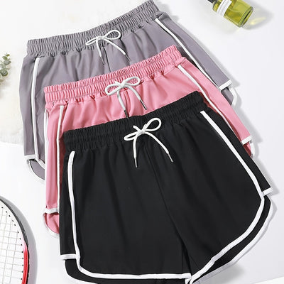 3pcs Women's Drawstring Sports Shorts - Casual Gym & Lounge Wear, Stretchy Polyester Blend, Contrast Trim, Machine Washable