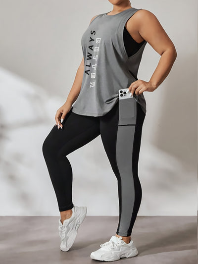 Plus Size Women's High Elasticity New Fashion Casual Letter Print Loose Sleeveless Vest and Tight-Fit Sports Yoga Pants Two-Piece Set