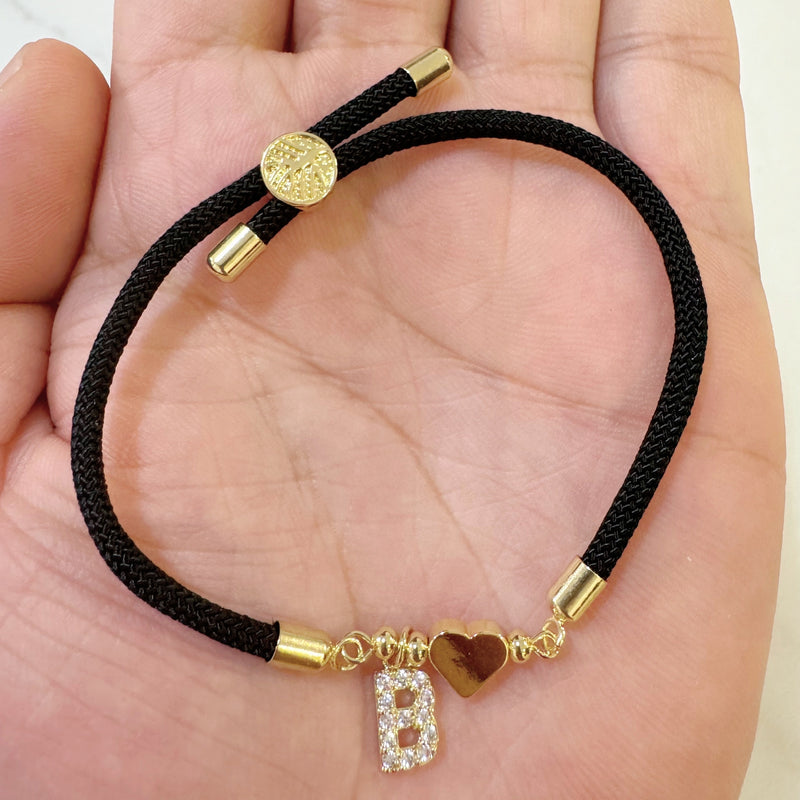 18K Golden Plated Heart Charm Bracelet with Synthetic Zirconia Letter Pendants A-Z, Simple Classic Black Polyester Cord, Adjustable for Daily Wear and Gift-Giving