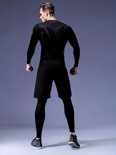 5pcs Men's Athletic Set - Polyester & Spandex Blend, High Stretch Knit Fabric, Hooded Zip-Up Jacket, Printed Sports Vest, Compression Long Sleeve Top, Shorts & Leggings for Running, Basketball, Training - Four Seasons Workout