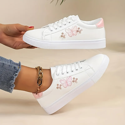 Women's Butterfly Pattern Sneakers, Casual Lace Up Outdoor Shoes, Lightweight Low Top Faux Leather Shoes