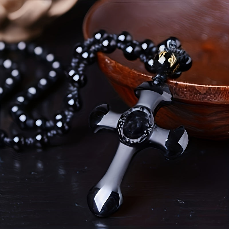 1pc obsidian necklace with a religious cross lucky symbol pendant and paired with a black synthetic Synthetic Gemstone chain, suitable for gifts for men and women.