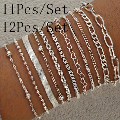 11pcs/12pcs Creative Minimalist Heart Twist Chain Bracelet Set, Stainless Steel with Artificial Crystal Accents, Versatile for Daily Wear & Parties, Valentine'S Day Gift, All-Season Accessory, Party Accessories|Minimalist Bra