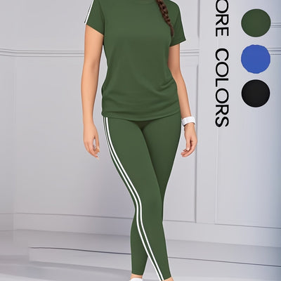Women'S Casual Fashion Outdoor Sports Set, Double-Sided Striped Round Neck Short Sleeve Long Pants Two-Piece, Women'S Athletic Jogging