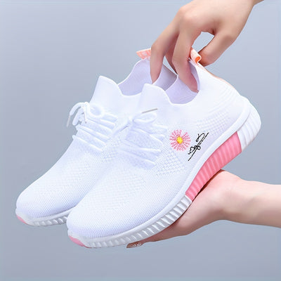 Women's Flower Pattern Sneakers, Breathable Flying Woven Outdoor Shoes, Lightweight Low Top Running Shoes