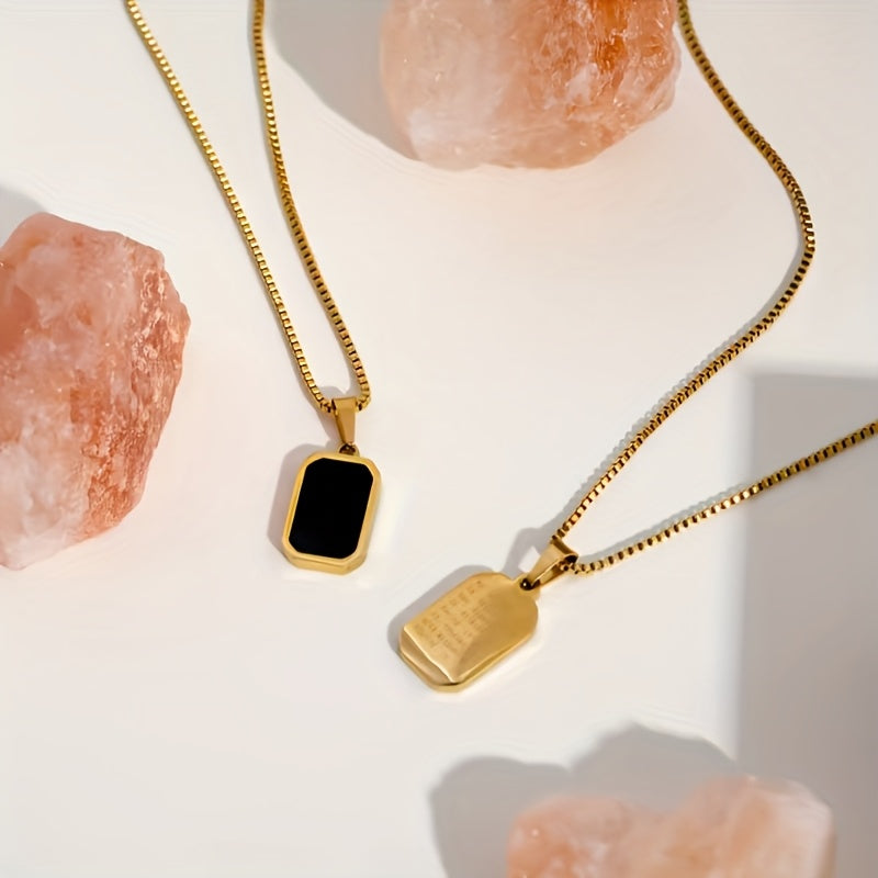 An elegant 18k Golden-plated stainless steel rectangular black pendant necklace, perfect for daily wear and vacation accessories, an ideal Valentine&