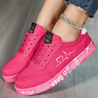 Women's Heart Pattern Canvas Shoes, Casual Lace Up Outdoor Shoes, Comfortable Low Top Sneakers