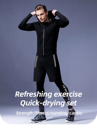 5pcs Men's Athletic Set - Polyester & Spandex Blend, High Stretch Knit Fabric, Hooded Zip-Up Jacket, Printed Sports Vest, Compression Long Sleeve Top, Shorts & Leggings for Running, Basketball, Training - Four Seasons Workout