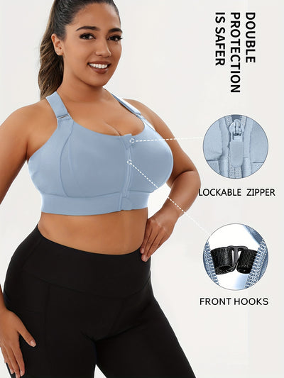 Women'S Plus Size High-Elasticity Sports Bra with Zipper - Blue, Non-Removable Padding, Adjustable Shoulder Straps, Ideal for Yoga & Pilates, Plus Size Yoga Apparel|Sleek Bralette|Comfortable Fit, Plus Size Yoga Apparel