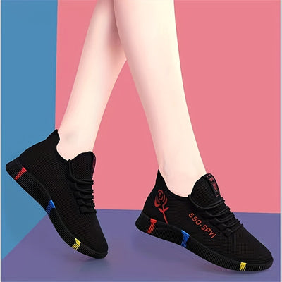 Women's Rose Pattern Sports Shoes, Breathable & Lightweight Running Sneakers, Comfy Outdoor Walking Trainers