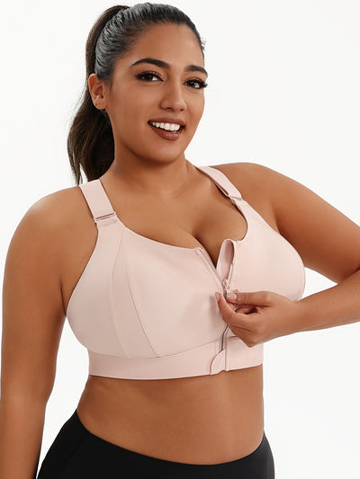 A Women'S Front-Zip Sports Bra, Featuring High Support And Plus Sizes, with Adjustable Straps, Suitable for Yoga, Fitness, And Workouts.