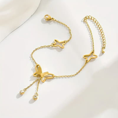 14K Golden Plated Butterfly Rhinestone Ankle Chain - Elegant Summer Foot Jewelry for Beach & Daily Wear, Beach Foot Jewelry|Butterfly Design|Rhinestone Adornment, Ankle Jewelry