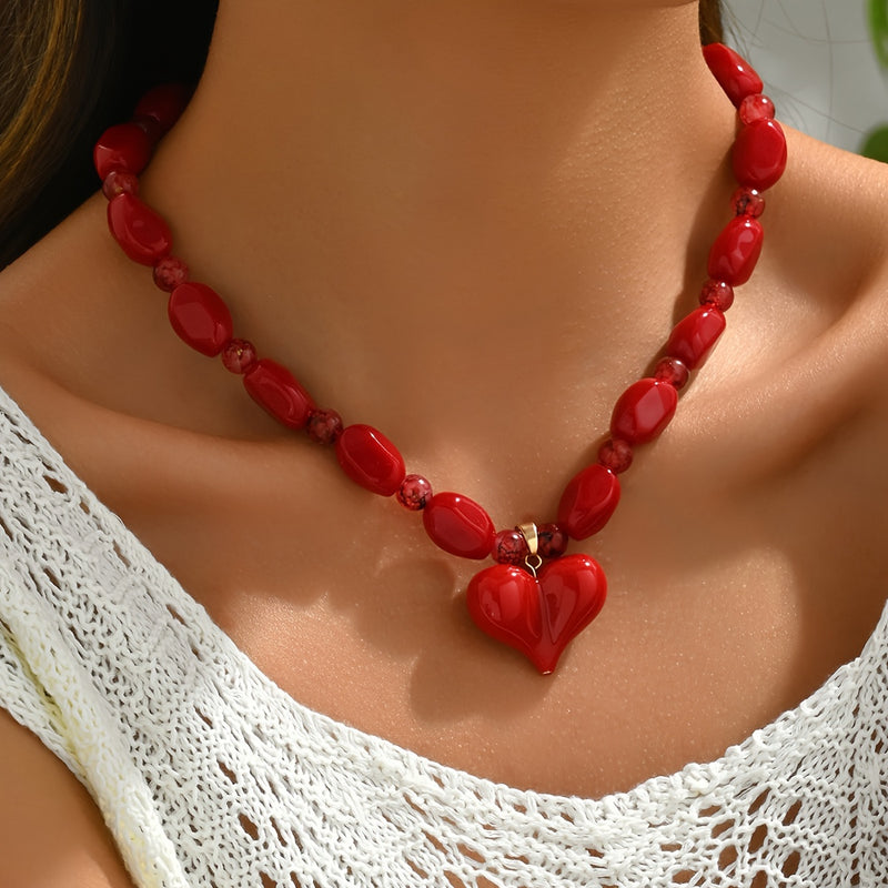 1pc Red Glass Bead Necklace with Heart Pendant - Elegant & Sexy Glossy Beads, Valentine&