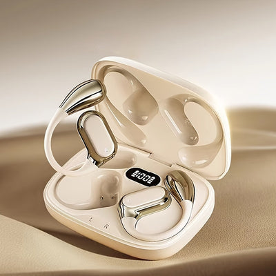 Open Ear Clip Headphones Wireless Non-In-Ear Hanging Sports Headphones for Running, Cycling and Car Use E-Sports Gaming Music Headphones with Long Standby Time Large Capacity Charging Case Smart Digital Display