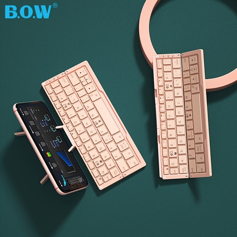 BOW Foldable Wireless BT Keyboard Mute, For Home And Office Use, Portable, Mobile Charging Keypad, With Mobile Phone And Tablet Holder, Capable Of Connecting Three Devices Simultaneously, Applicable To Android/Windows/iOS Mob