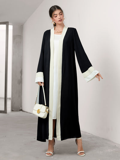 Cozy Comfort, Elegant Black and Cream Long Robe with Ruffle Sleeves - Polyester, Machine Washable, Casual Style for Women - Perfect for Spring/Summer/Fall