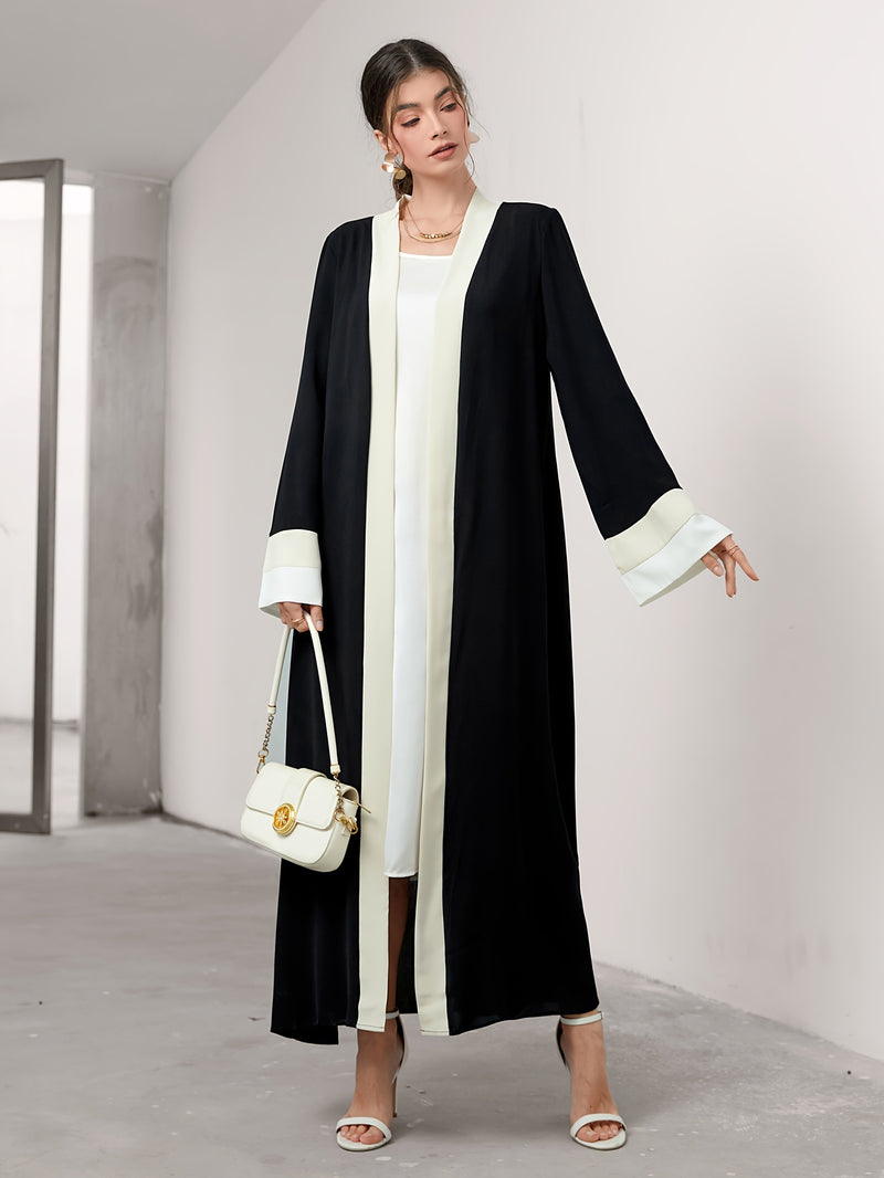 Cozy Comfort, Elegant Black and Cream Long Robe with Ruffle Sleeves - Polyester, Machine Washable, Casual Style for Women - Perfect for Spring/Summer/Fall