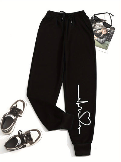 بنطلون رياضي مرن مطبوع عليه قلب للنساء، بنطلون رياضي عالي الخصر برباط، بنطلون كاجوال يومي، ملابس نسائية