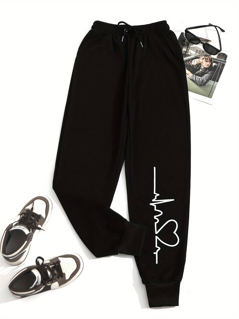 بنطلون رياضي مرن مطبوع عليه قلب للنساء، بنطلون رياضي عالي الخصر برباط، بنطلون كاجوال يومي، ملابس نسائية