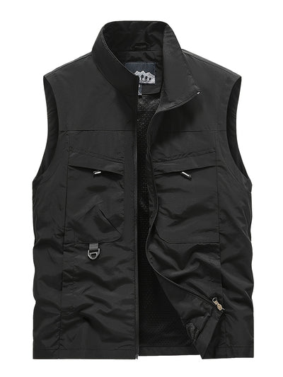 Men'S Navy Blue Sleeveless Vest with Stand Collar, Zippered Front & Side Pockets - Casual, Loose-Fit Outdoor Sports Vest for All Seasons, Polyester Fiber Lining, Perfect for Fall/Winter