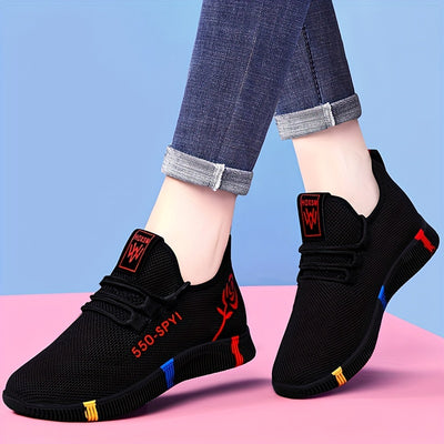Women's Flower Pattern Sneakers, Breathable Knit Lace Up Outdoor Shoes, Comfortable Low Top Sport Shoes