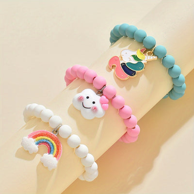 3pcs Cute & Sweet Cloud, Rainbow Unicorn Pendant Acrylic Beaded Bracelets for Girls - Perfect Daily Wear or Holiday Gift Set