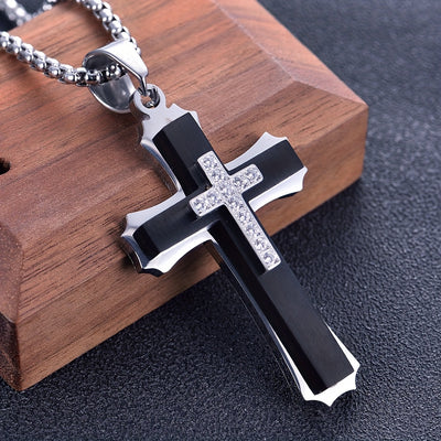 Alpaca Men's 202 Stainless Steel Multi-Layer Cross Pendant Necklace with Black Enamel & Accents - Edgy Modern Design for Festive Occasions, Parties, Music Festivals - Year-Round Versatile Jewelry, Festival Necklace, Intricate