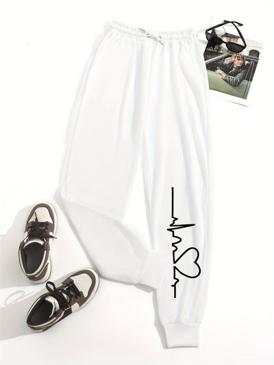 بنطلون رياضي مرن مطبوع عليه قلب للنساء، بنطلون رياضي عالي الخصر برباط، بنطلون كاجوال يومي، ملابس نسائية