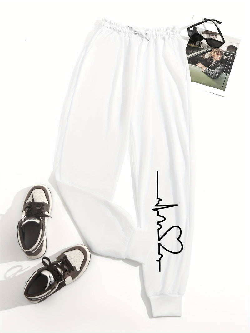 بنطلون رياضي مرن مطبوع عليه قلب للنساء، بنطلون رياضي عالي الخصر برباط، بنطلون كاجوال يومي، ملابس نسائية