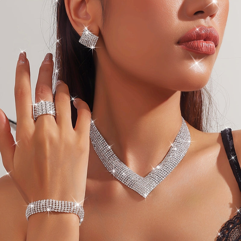 Elgent Bride Imitation Crystal Necklace Earrings Set Bridal Wedding Jewelry Sets Rhinestone Choker Necklace Prom Costume Jewelry Set for Women and Girls