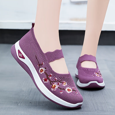 Women's Flower Pattern Flat Shoes, Breathable Knit Slip On Outdoor Shoes, Lightweight Low Top Shoes
