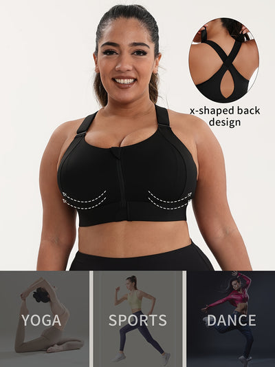 Women'S Plus Size High-Elasticity Sports Bra with Zipper - Blue, Non-Removable Padding, Adjustable Shoulder Straps, Ideal for Yoga & Pilates, Plus Size Yoga Apparel|Sleek Bralette|Comfortable Fit, Plus Size Yoga Apparel