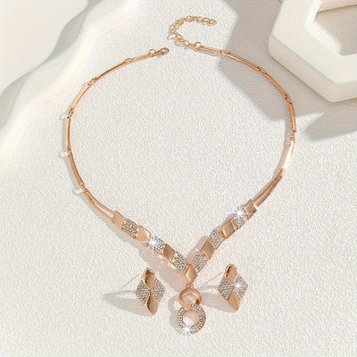 3pcs Golden-Plated Luxury Jewelry Set with Rhinestones - Alloy Vacation Style, Perfect for Weddings and Valentine's Day Gifts - Necklace & Earrings