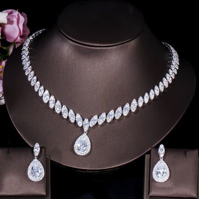 3pcs Elegant Teardrop Blue Jewelry Set Silvery Inlaid Synthetic Synthetic Zirconia Pendant Necklace Dangle Earrings Sets for Lady Girls Banquet Prom Wear