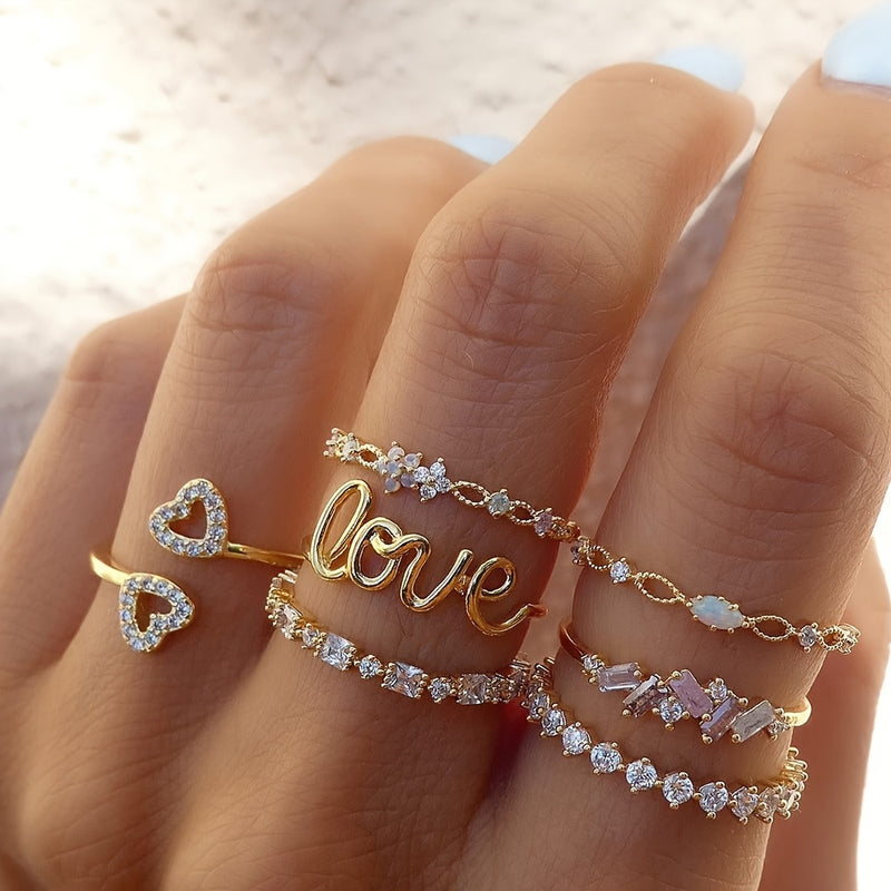 7pcs Creative Fashion Romantic Love Letter LOVER Stackable Ring Set for Girls, Versatile Everyday Date Gift Index Finger Rings