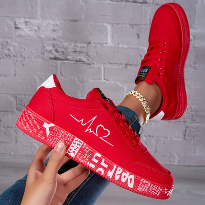 Women's Heart Pattern Canvas Shoes, Casual Lace Up Outdoor Shoes, Comfortable Low Top Sneakers