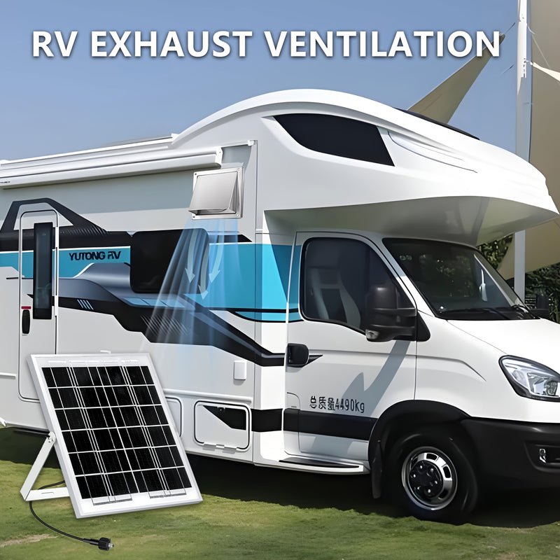 Wall-mounted ventilation fan kit, Φ150mm/Φ100mm fan + 8W solar panel included, suitable for bathroom and kitchen ventilation solutions. Durable stainless steel wall-mount exhaust fan provides excellent airflow