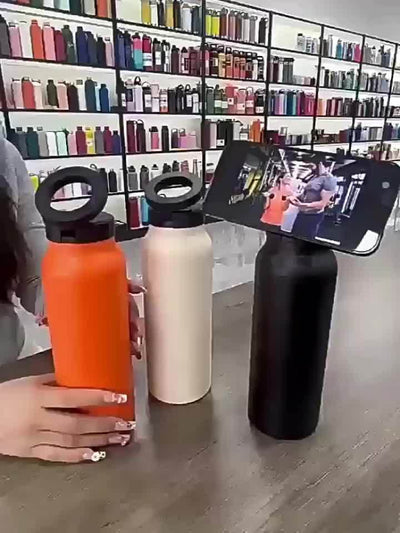 1pc Stainless Steel Insulated Water Bottle with Car Cup Holder & Phone Stand - Thick, Durable for Outdoor Sports