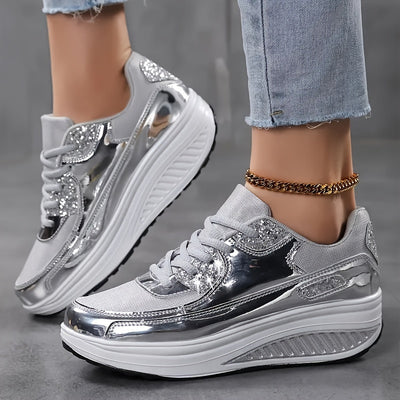 Women's Metallic Platform Sneakers, Breathable Mesh Lace Up Outdoor Shoes, Comfortable Low Top Sport Shoes