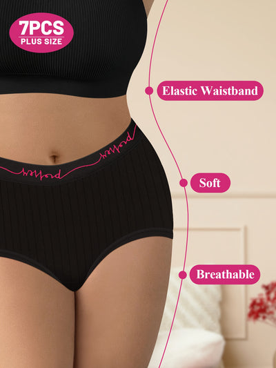 7pcs Pack Plus Size Underwear, Oversized Women'S Panties with Mid-Rise, Letter Waistband, Vertical Stripe, Soft Version, High Elasticity, Tummy Control, Waist Cinching, Shapewear for Yoga, Sports, And Fitness, Featuring a Sil