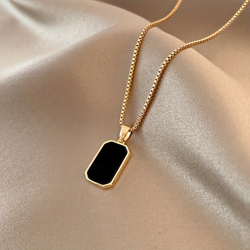 An elegant 18k Golden-plated stainless steel rectangular black pendant necklace, perfect for daily wear and vacation accessories, an ideal Valentine&