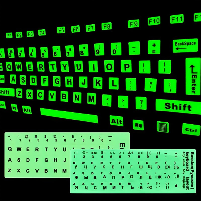 1pc Glow-in-the-Dark Keyboard Sticker for Mechanical Keyboards - Russian, Spanish, French, English - PE Material, Easy to Apply & Remove, Adapts to Multi-Language Typing Needs, Keyboard Customization|Glowinthedark Sticker|Dur